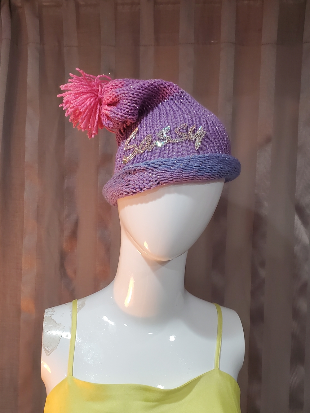 Lavender Knit Beanie with Pink Pom – Sequin Script Detail